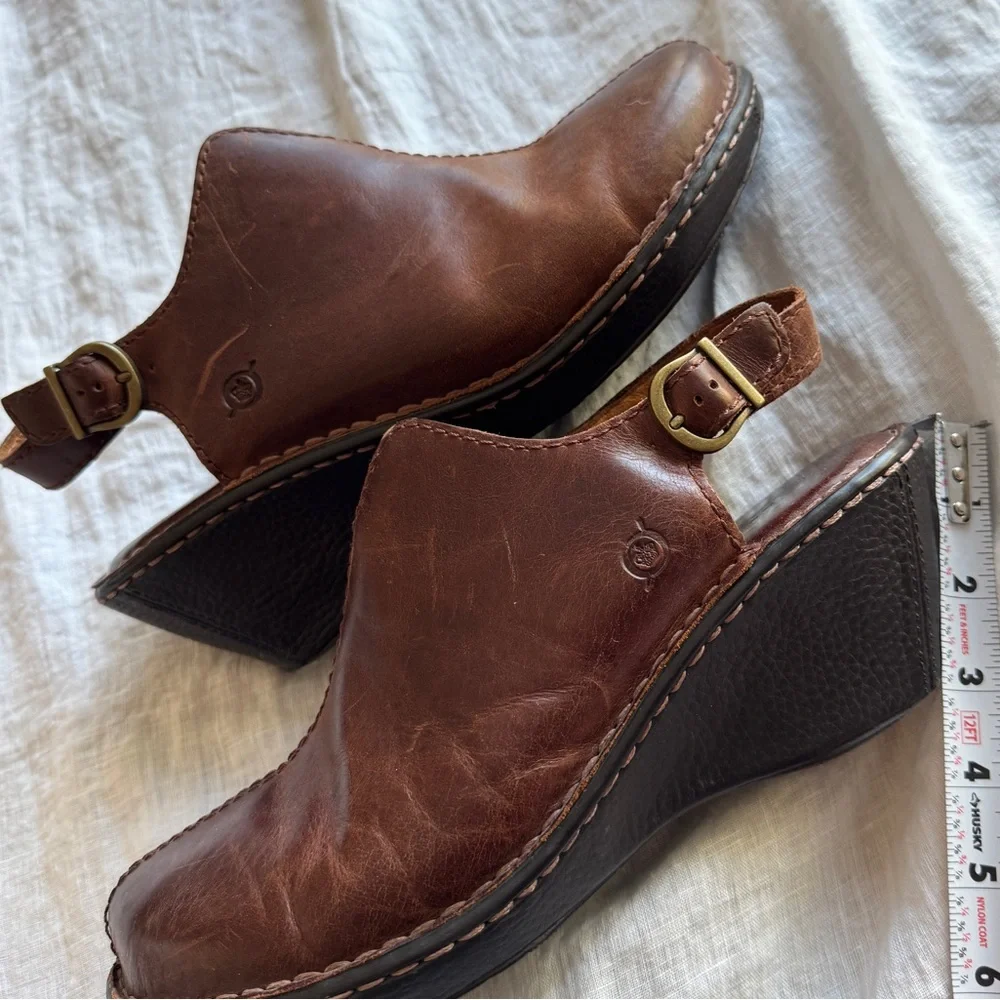 Born Flowers Slingback Wedge Clogs Size 10 Brown Leather